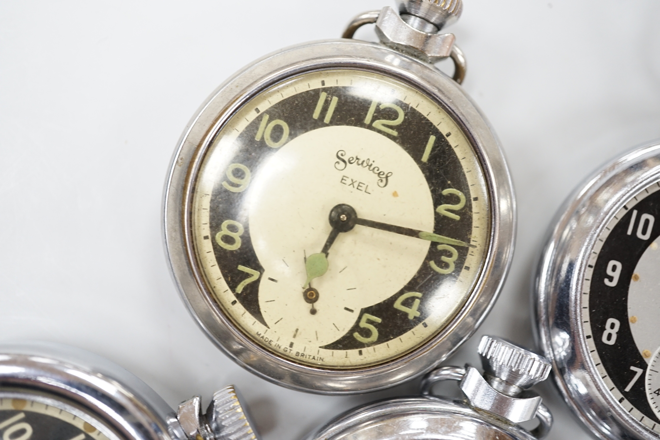 Ten assorted base metal pocket watches including Ingersoll, Services Excel and Smiths.